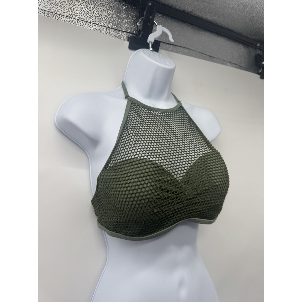 Green Mesh Bikini Top Sheer mermaid fairy M rave club crochet open knit halter - Picture 4 of 9
